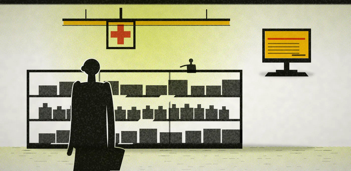 A chemist's shop at dusk, printed: a long glazed display case of cartons and bottles under a fluorescent batten, a red cross hung above, the pharmacist reaching behind the glass and the billing screen lit on the case top. A customer stands close in the foreground.